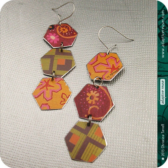 Tri-hexagon upcycled earrings