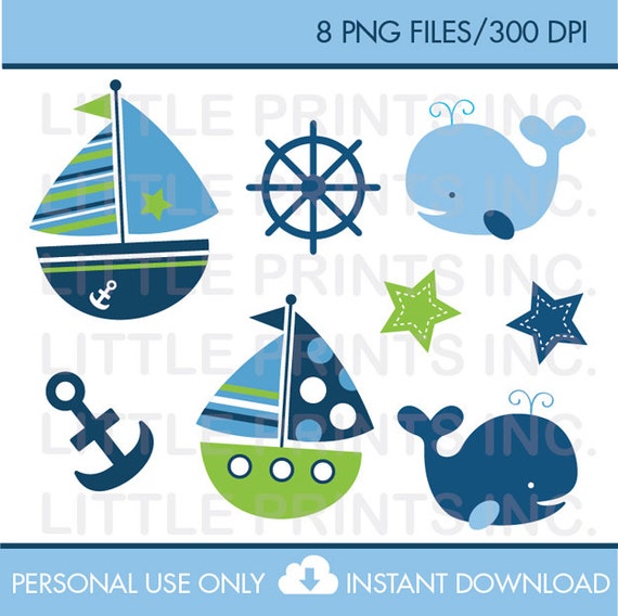Sailboat Whale Clipart INSTANT DOWNLOAD Il_570xn