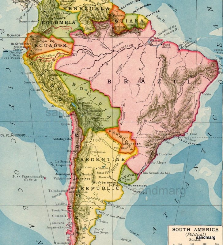 Original Antique Edwardian Political Map of South America
