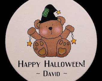 Personalized Halloween Stickers, teddy with witches hat stars, 2" round, set of 25