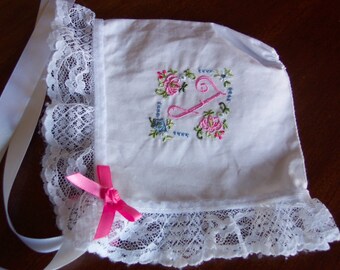 Keepsake Baby Bonnet - White and Pink - Initial J # 0040