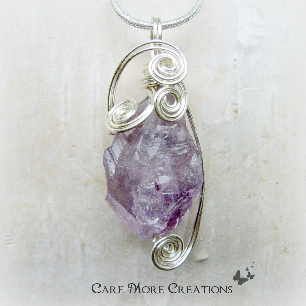 Amethyst Crystal Necklace Wire Wrapped Pendant in Silver