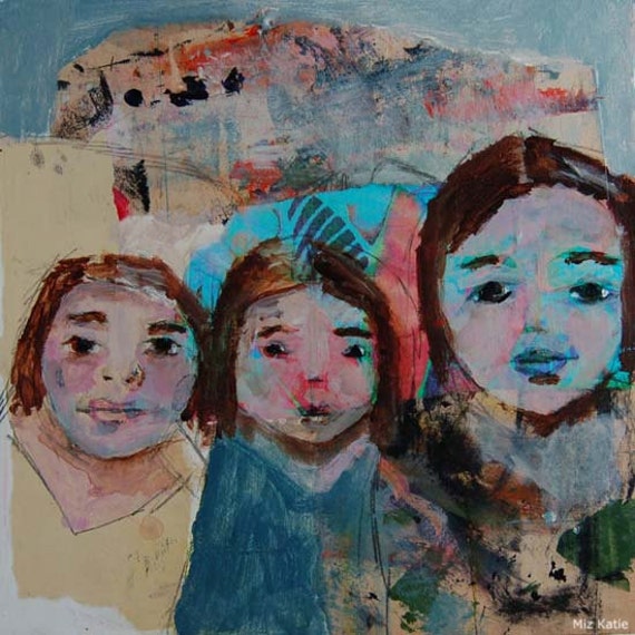 Acrylic Portrait Collage Painting 10x10 Original, Mixed Media, Three Sisters on a Camping Trip, blue, yellow, red