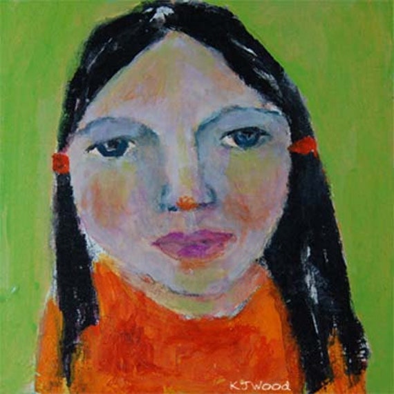 Acrylic Portrait Painting Betsy, Orange, Lime Green, Girl, Face, Black Hair, Ponytails, Pink, 6x6 canvas panel