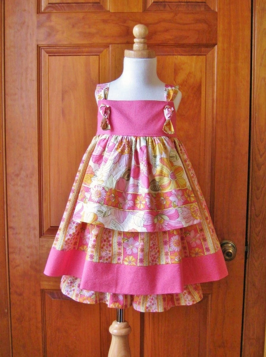 Pink Yellow Orange Floral Girl Toddler Apron Knot Dress