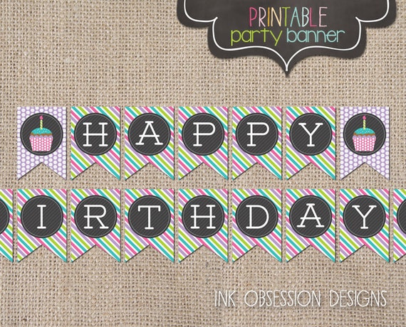 Happy Birthday Printable Banner Party by InkObsessionDesigns