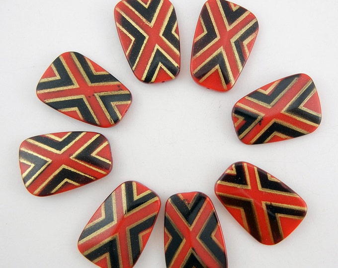 8 Large Tribal Ethnic Red Design Stenciled Acrylic Beads Double Sided