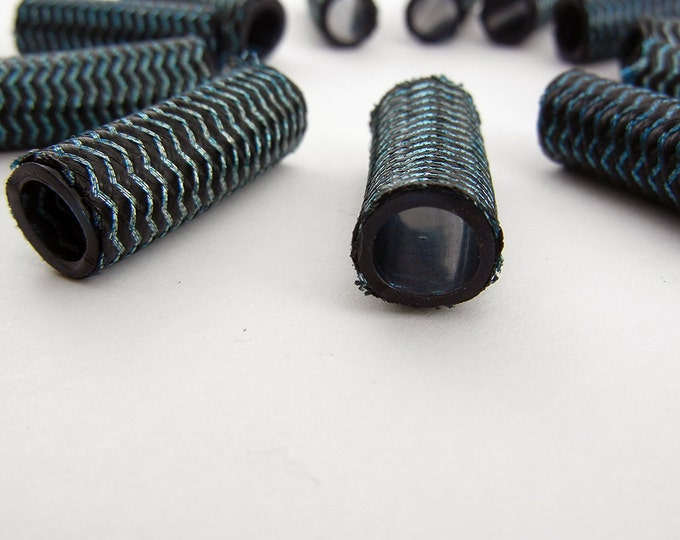 12 Woven Over Acrylic Tube Beads Chevron Design Black and Blue