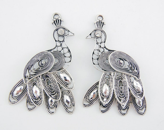 Pair of Filigree Peacock Charms Rhinestone Eye Antique Silver-tone