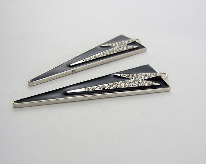 Pair of Triangular Charms with Rhinestone Lightning Bolts Black Epoxy Silver-tone