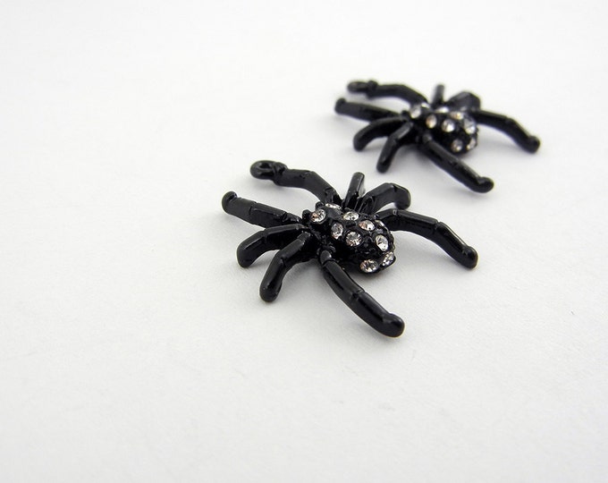 Pair of Small Black Epoxy Spider Charms with Rhinestones