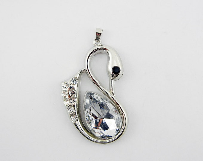 Large Silver-tone Swan Pendant with Rhinestones and Clear Acrylic Faceted Gem