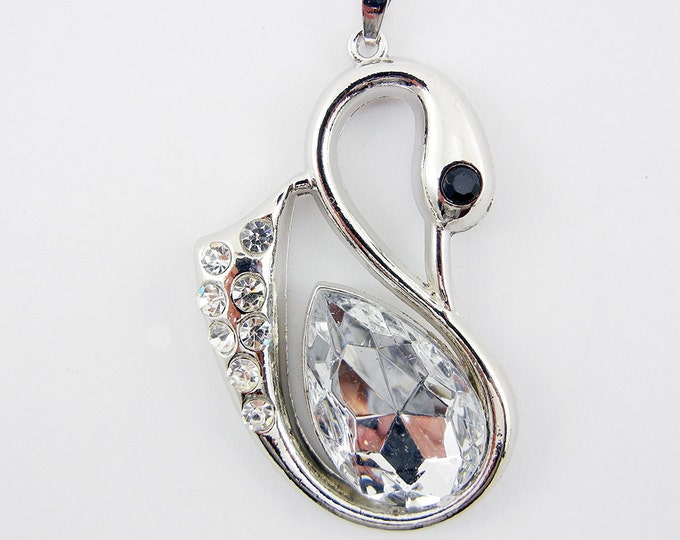 Large Silver-tone Swan Pendant with Rhinestones and Clear Acrylic Faceted Gem