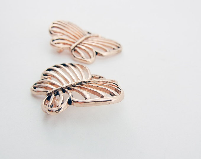 Pair of Linked Burnished Copper-tone Filigree Butterfly Charms