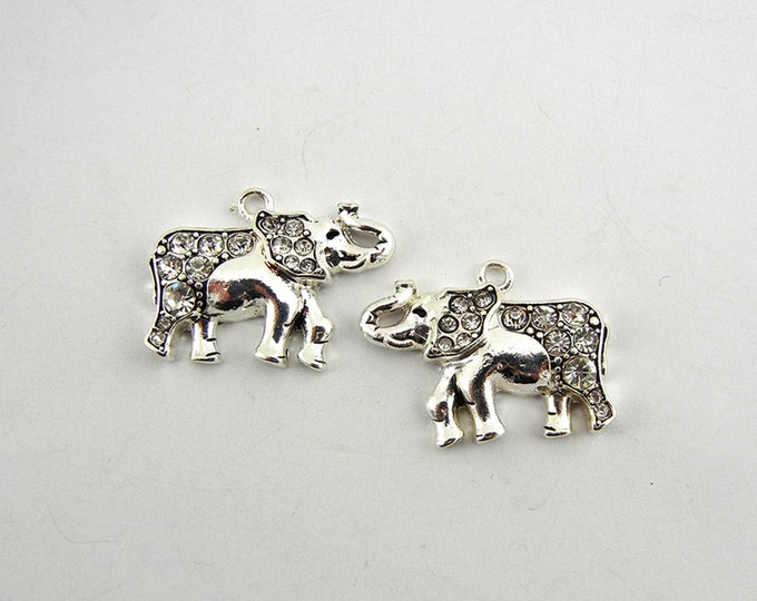 Pair of Silver-tone Facing Elephant Charms with Rhinestones