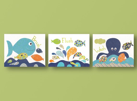 Brush Flush Wash Nursery art baby nursery nursery wall art baby art fish octopus sea - bathroom decor Set of 3 Prints by GalerieAnais