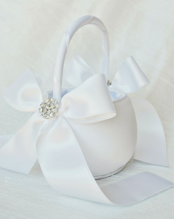 White Flower Girl Basket with Rhinestones by weddingsandsuch