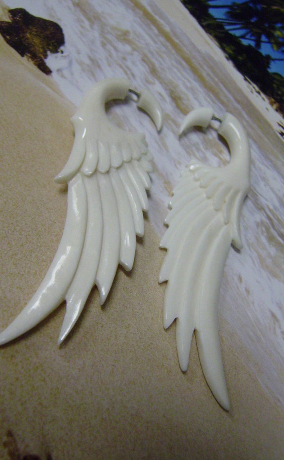Fake Gauge Earrings Hand Craved Natural Bone wing by ANELAJADE
