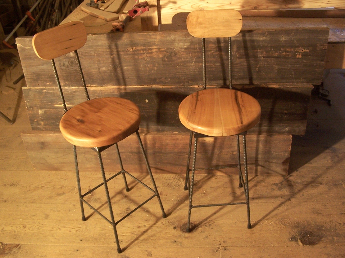 Reclaimed Maple Swivel Bar Stools with Rebar Legs and Back