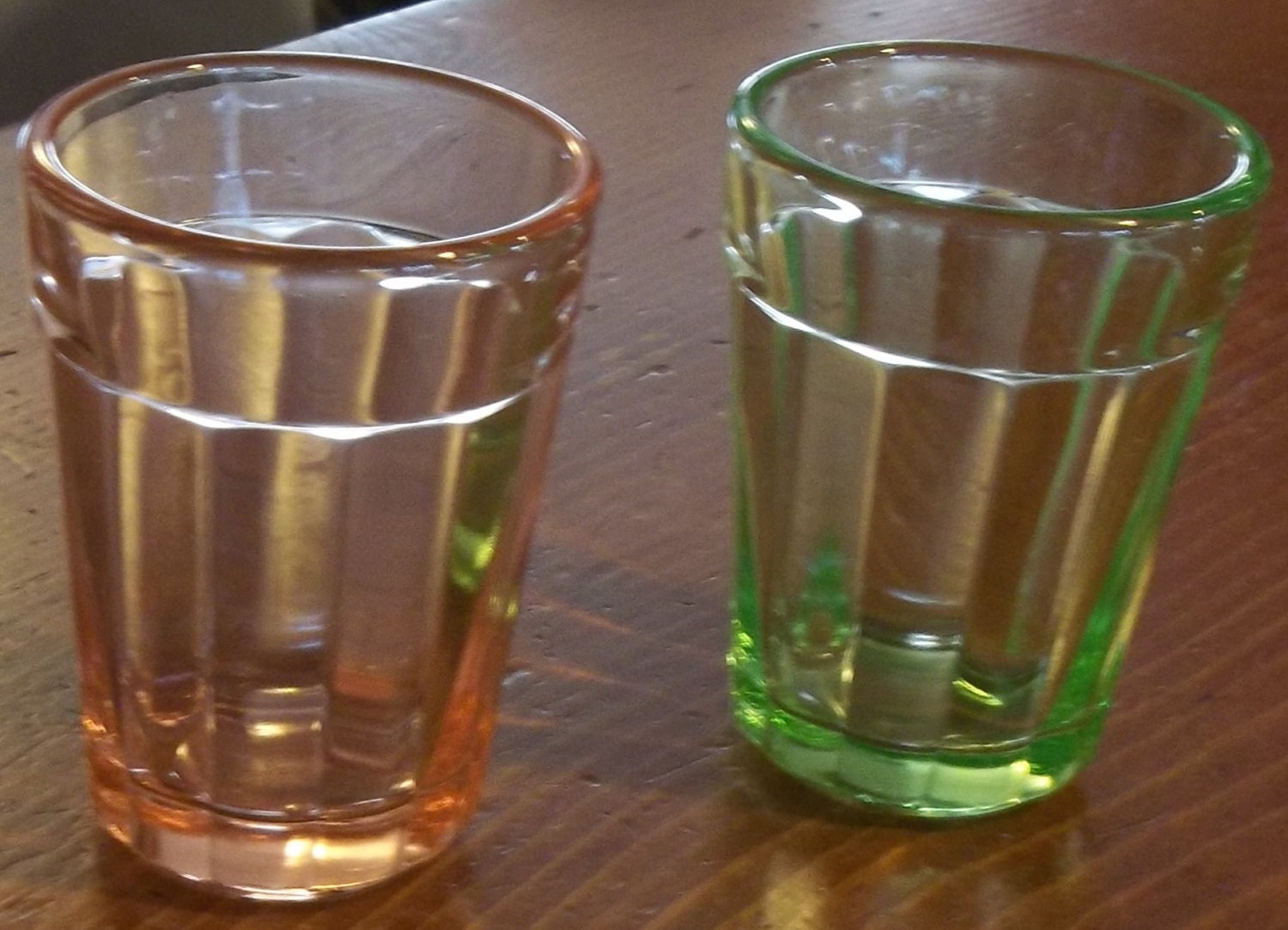 Set of Depression Glass Shot Glasses Pink and Green by katiques