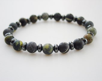 Bracelet for Men / Matte African Jade with Genuine Hematite / Guy Bracelet / Dude Bracelet / Gift for Man /Mens Gift / Charcoal Green Black