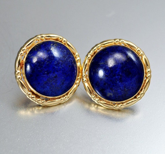 Vintage Solid 14K Gold Lapis Earrings PBD Round Stud Earrings