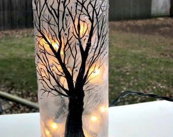 Wine Bottle Light, Night Light, Hand Painted Wine Bottle, Black Tree, Sparkles