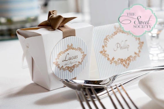 ORNATE BOY BAPTISM Printable Favor Tags - Blue and Brown Il_570xn