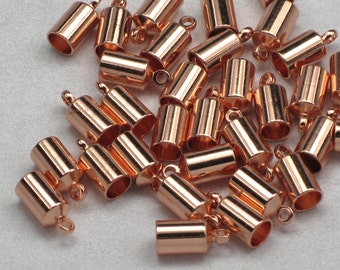 Copper Barrel End Caps, 6+ 4mm For Kumihimo & Leather Strands, Glue In Cord Ends, Bright Plated Brass Cord Tips