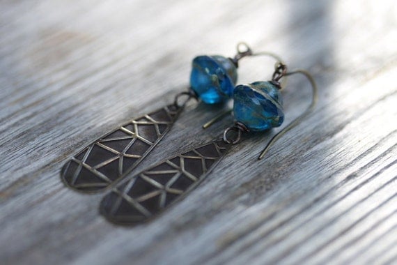 Rustic Electric Blue Glass and Brass Earrings - "Cassandra's Dream"