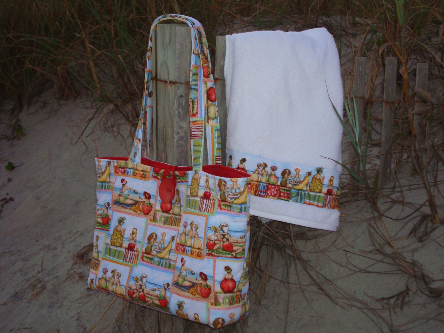 Blue and Red Quilted Beach Pool Tote Bag and Towel