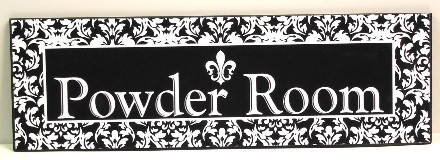 Black and White Damask Powder Room Wooden Custom Plaque Sign