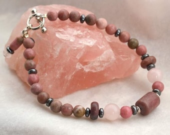 Que Sera Rhodonite Bracelet - Rose Quartz, Hematite, Silver - Handmade OOAK - 7" - Free US Shipping, Healing Gemstones, Positivity,