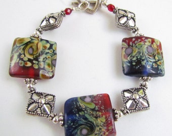 Lampwork Beaded Bracelet, Lampwork Bracelet, Red and Blue, Sterling Silver, Handmade by Harleypaws, SRAJD