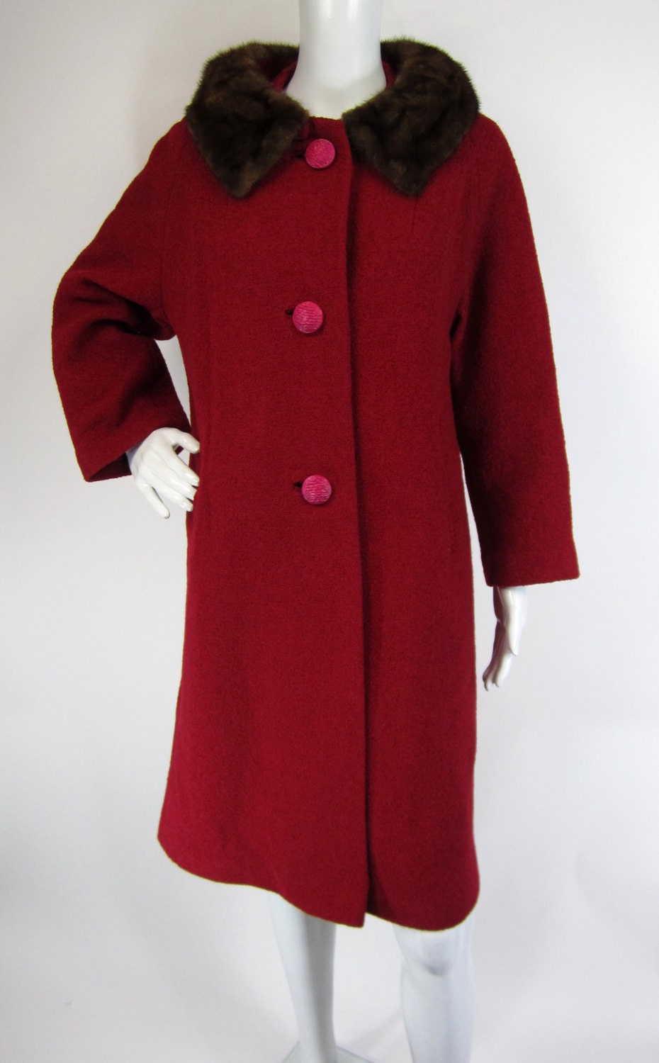 Vintage 1960s Coat / 60s Coat / Red Wool / Mink Fur Collar