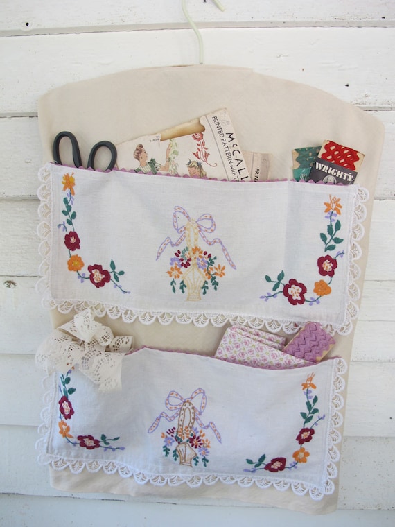 Basket Embroidery Wall Hanging Vintage Linens Repurpose