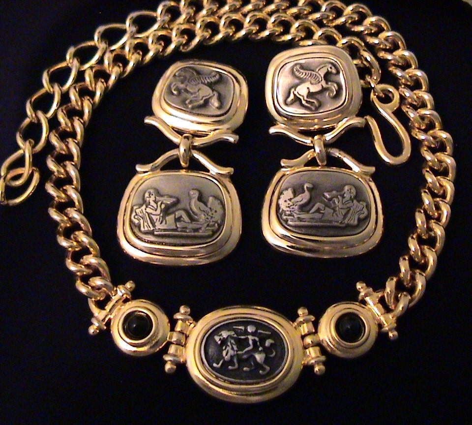 Vintage Greek Mythology Necklace and Clip Back Earrings