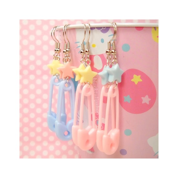 Fairy Kei Pastel Star Safety Pin Earrings Light Pink Blue Yellow - You Choose