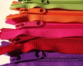 30 inch Handbag zippers, long pull, Six YKK zippers to match bright fabrics - purple, red, hot pink, orange, green apple, turquoise