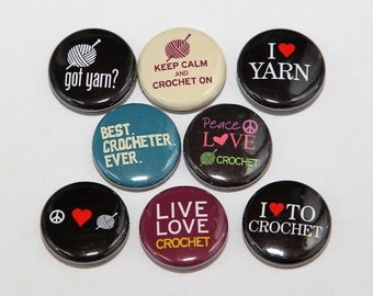 Crochet Pinback Buttons Set of 8 - Badges 1 inch