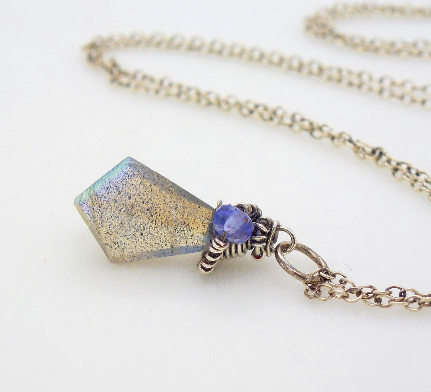 Small Blue Flash Labradorite Necklace Sterling Silver Wire 2979