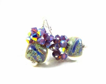 Purple Crystal Earrings, Rustic Earrings, Blue Purple Ivory Earrings, Boro Lampwork Earrings, Cluster Earrings, Colorful Glass - Granite