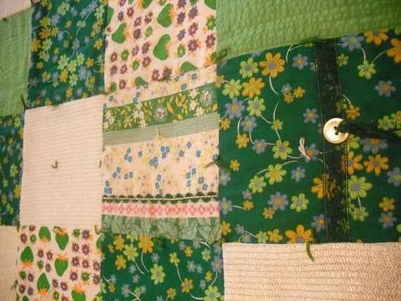 vintage Crazy quilt lap quilt ... Emerald green ... greens cream .. hand made textured