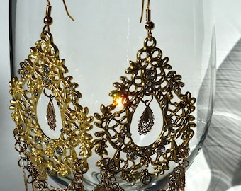Gold Lacy Large Teardrop Earrings
