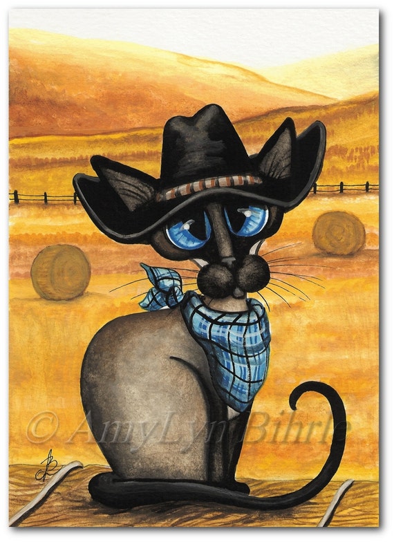 Siamese Western Cowboy Kitty Cat - Art Prints & ACEOs by Bihrle ck399