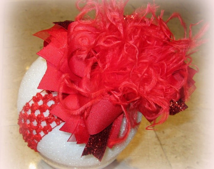 Over the Top Bow, Red OTT Hairbow, Red Bow, Girls Red Headband, baby Ostrich Feather Hair Bow, Red Boutique Bows, Pageant Hairbow, Big Bows