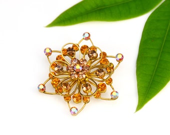 Amber Rhinestone Pin Star Topaz Yellow Gold AB Aurora Borealis Snowflake Flower Vintage - W2810