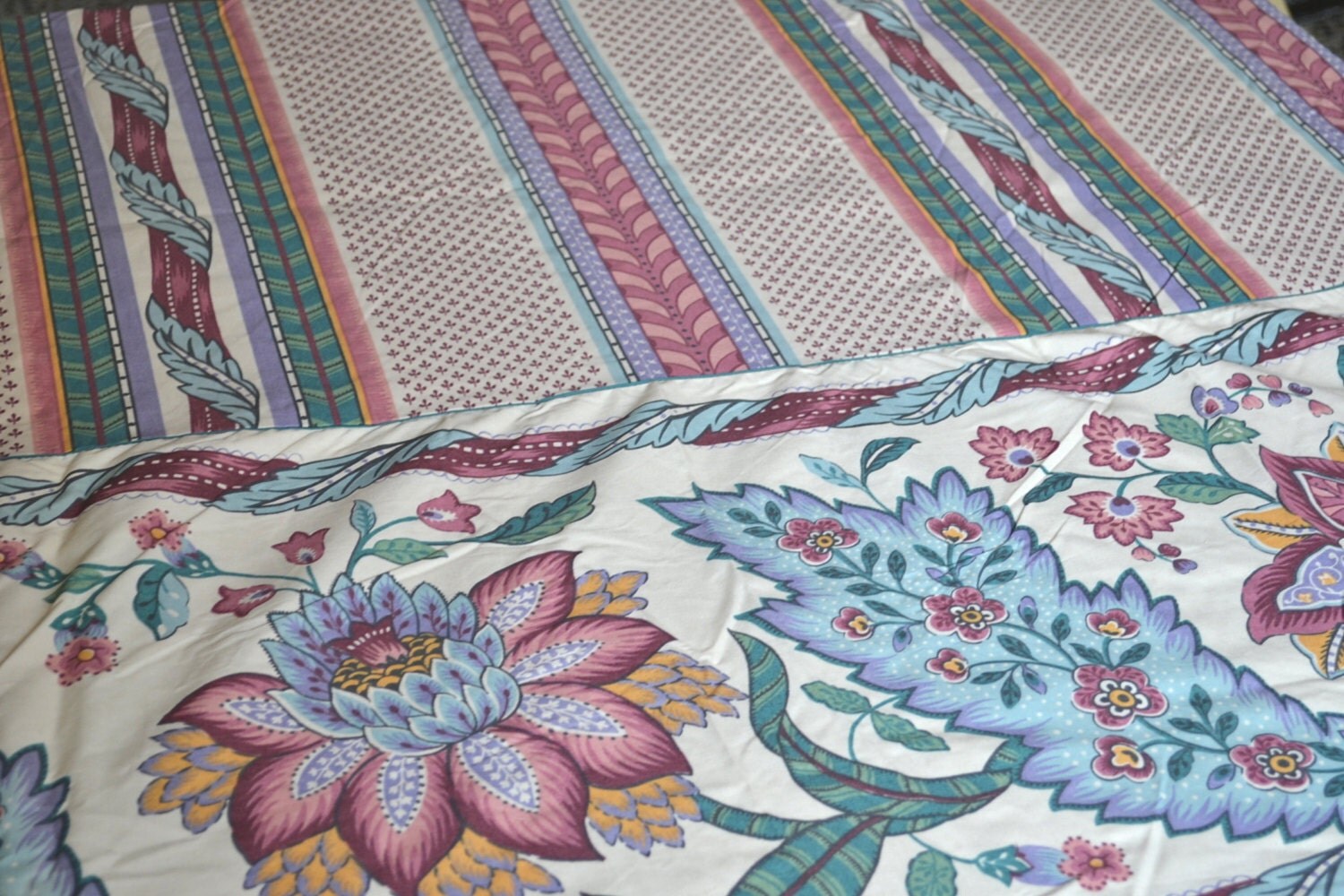 Vintage Bed Sheet Jacobean Floral Stripe in Autumn Color