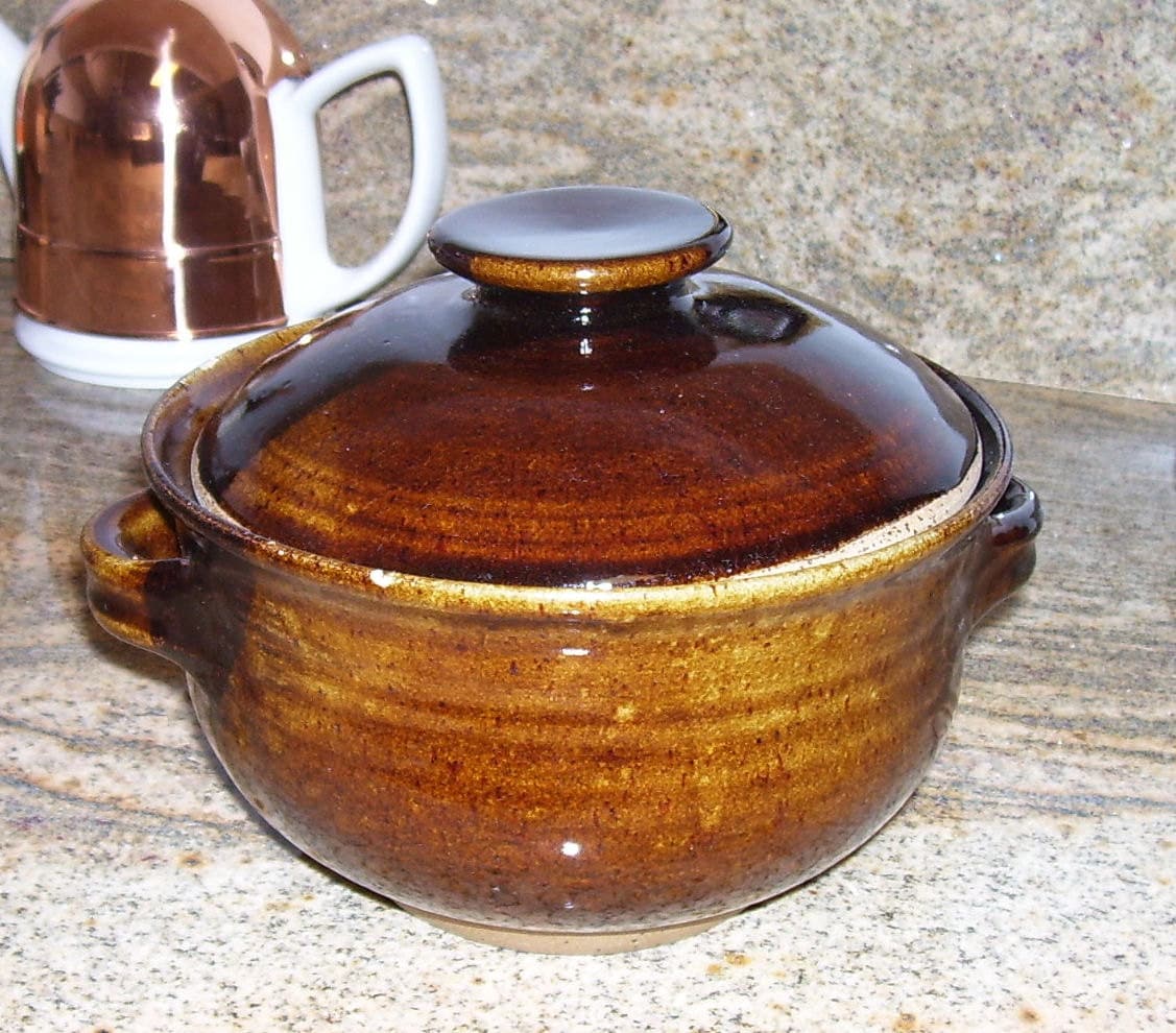 Covered Brown Glazed Pottery Casserole 1980s Haute Juice