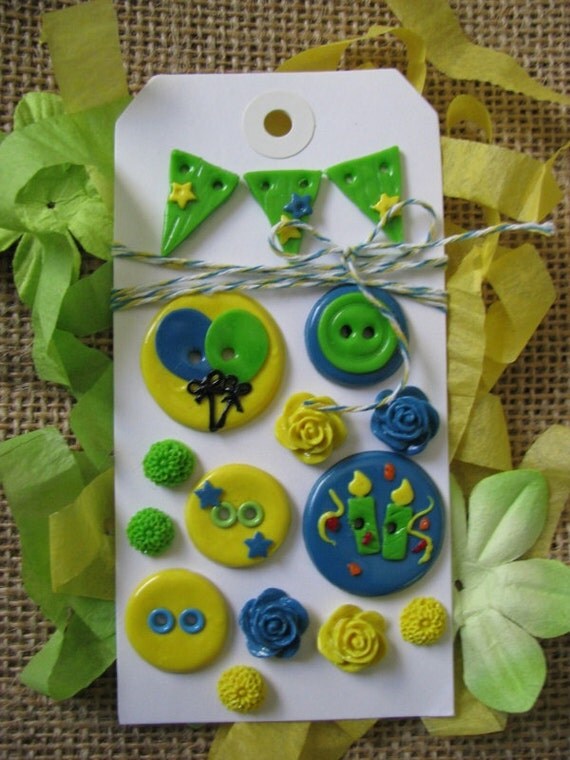 Items similar to Birthday Boy Polymer Clay Button and Cabochon Set of 16 Scrapbooking Paper